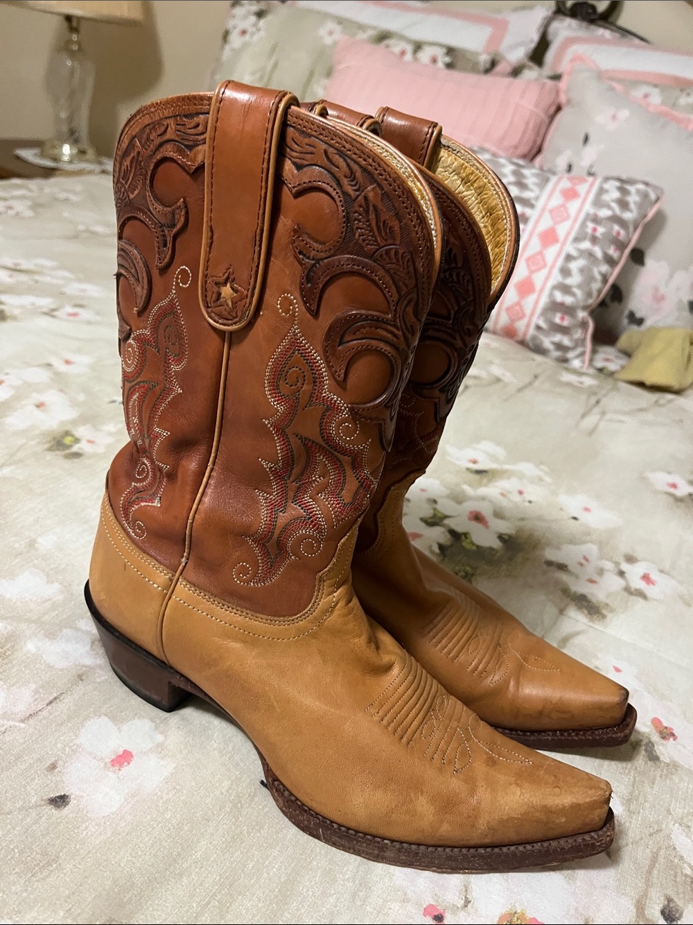 Classic Two-Tone Tan Leather Western Cowgirl Boots by Tony Lama